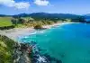 aerial view of beach with mountains